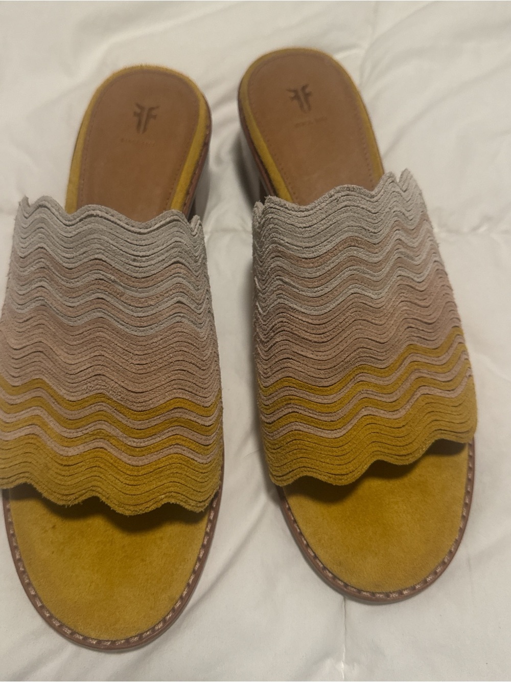 Frye Wavy Suede Slide Sandals in Mustard and Taupe